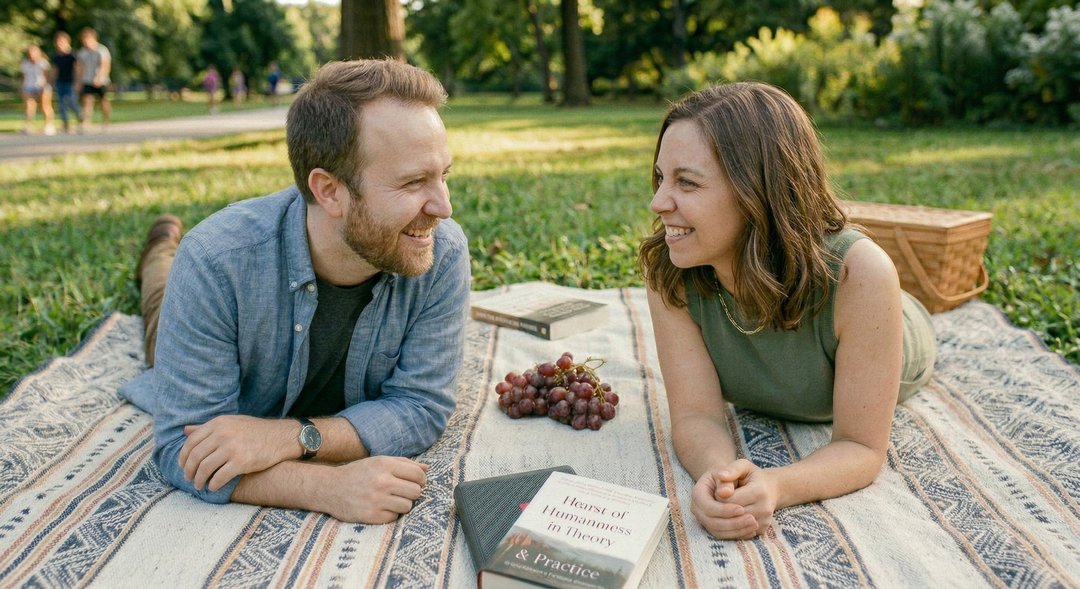A happy couple laughing together on a picnic blanket