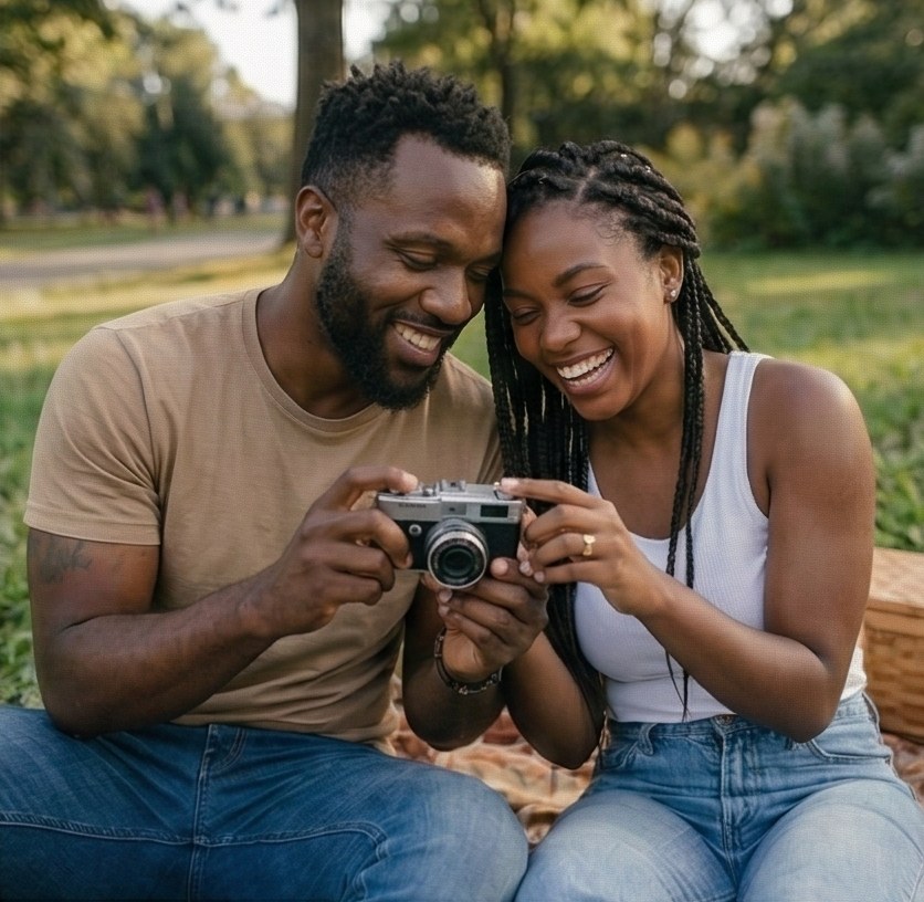 A couple laughing while looking at a camera
