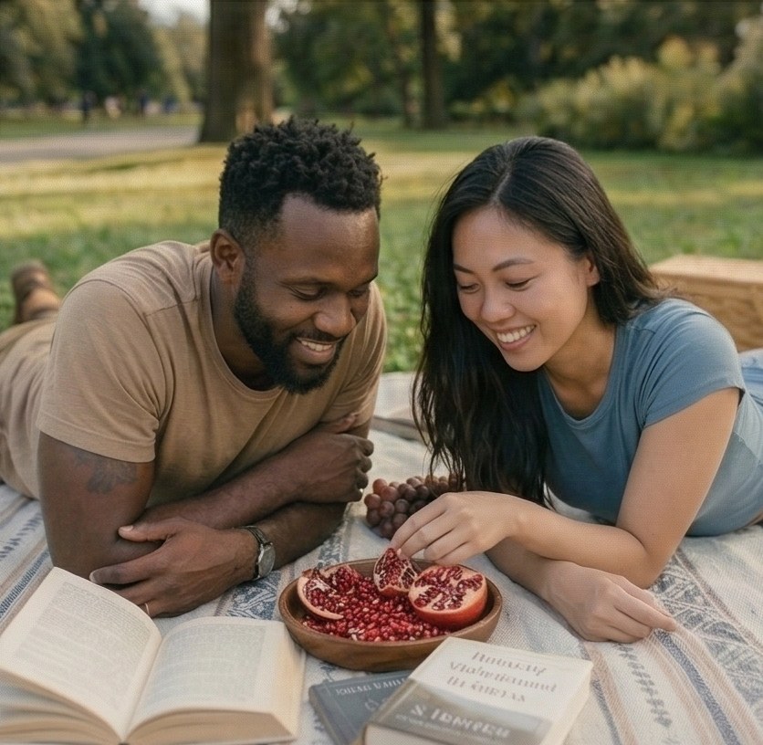 A couple sharing fruit and laughing together