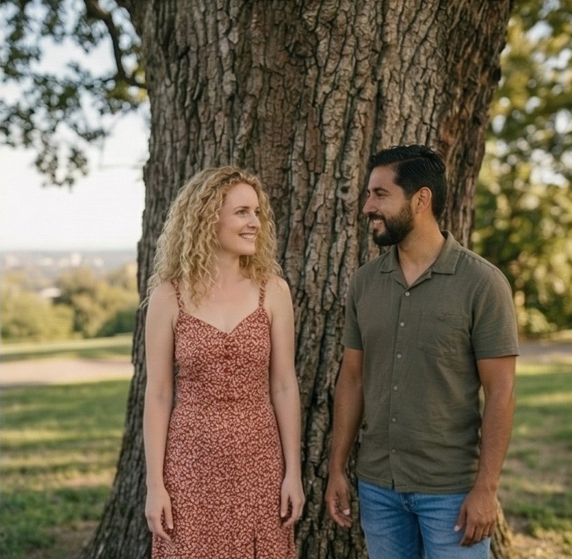 A couple sitting together on a rug in a meadow